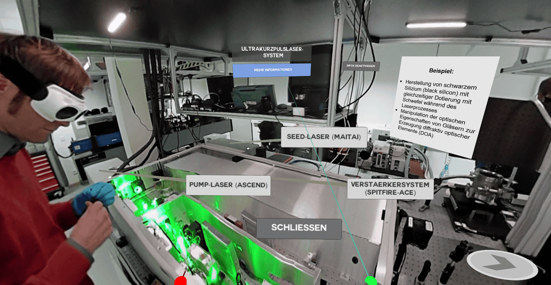 A screenshot from an interactive stereoscopic 360° Video demo through a laboratory environment. A femtosecond laser is partly dissassembled to provide users a view insight the laser apparatus which in the real room can only be performed under high security precautions.
